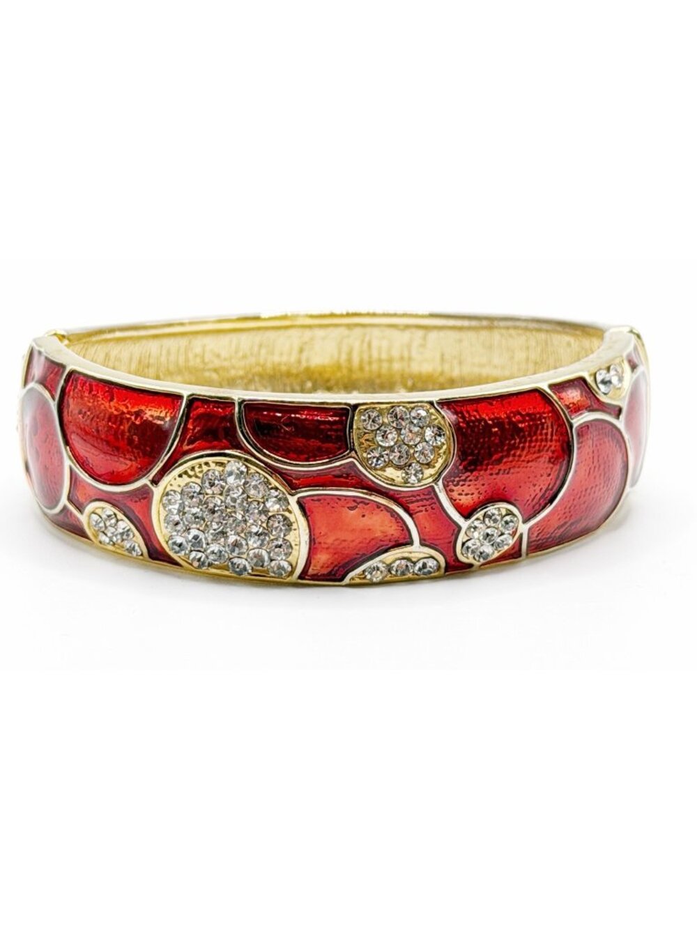 Red Enamel & Rhinestone Goldtone Clamper Bracelet